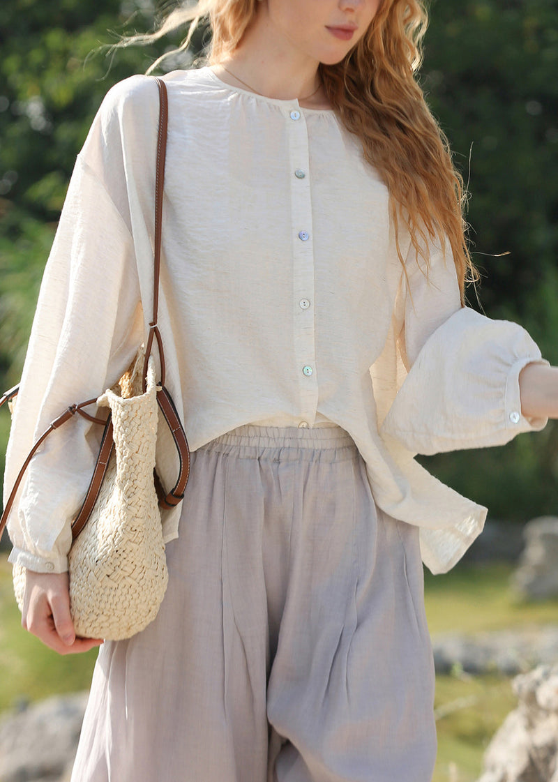 French White O Neck Button Cotton Shirts Top Lantern Sleeve