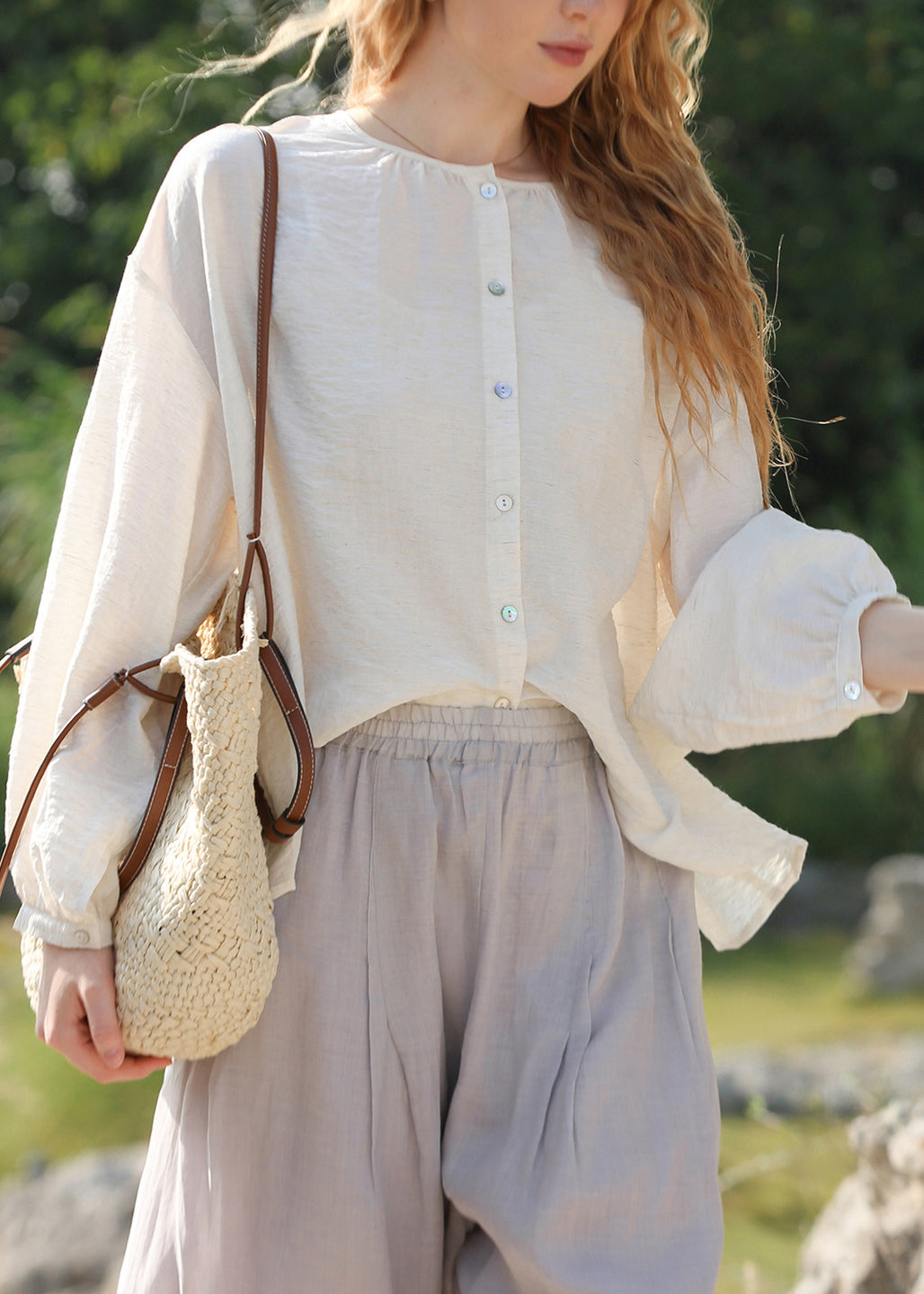French White O Neck Button Cotton Shirts Top Lantern Sleeve