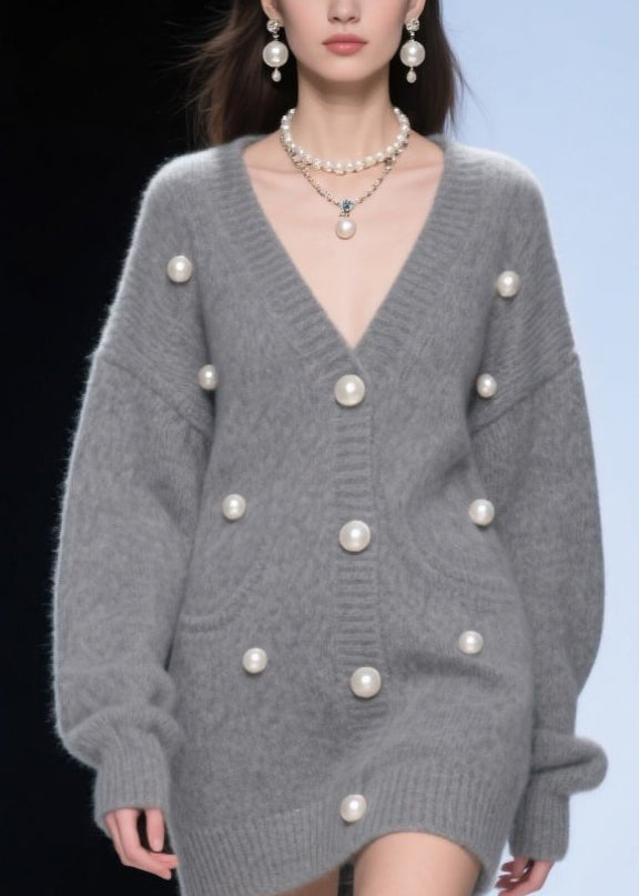 Grey V Neck Nail Bead Patchwork Knit Cardigans Fall