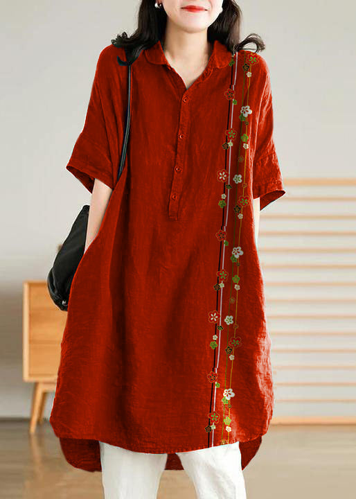 Jade Red Flower Linen Linen Shirt Dress