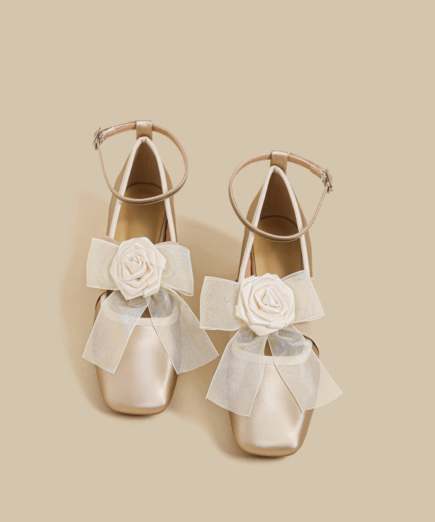 French Splicing Chunky High Heels Champagne Satin