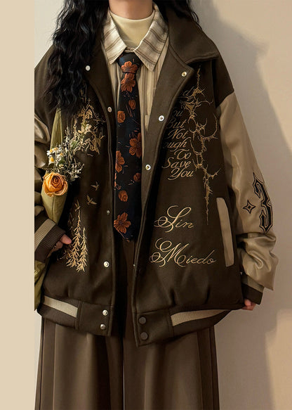 Coffee Embroidered Faux Leather Patchwork Cotton Filled Parkas Winter