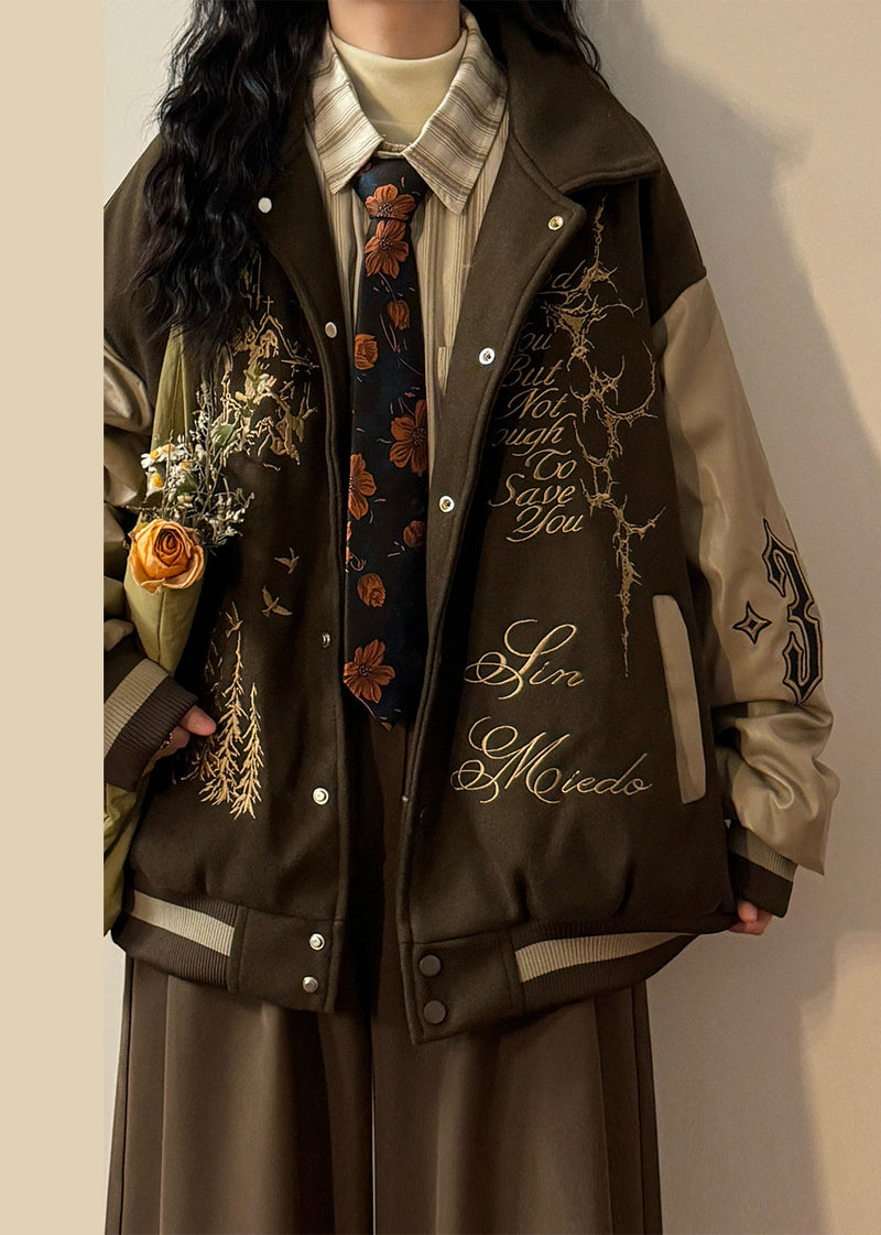 Coffee Embroidered Faux Leather Patchwork Cotton Filled Parkas Winter