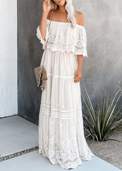 White Slash Neck Wrinkled Patchwork Lace Dress Summer