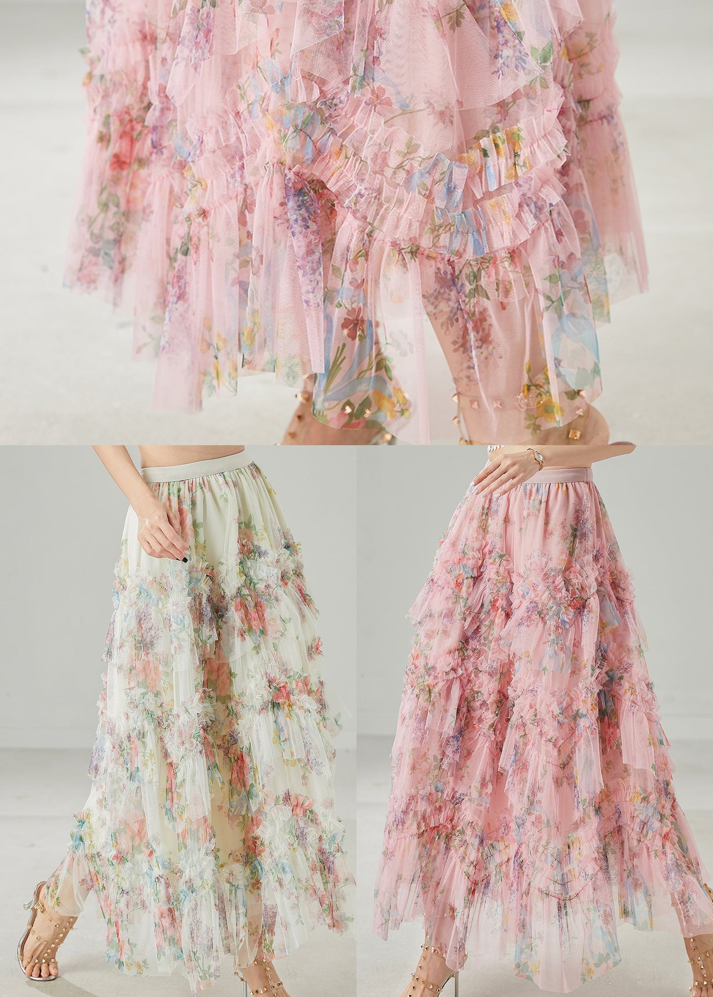 Pink Ruffled Print Tulle Holiday Skirt Summer