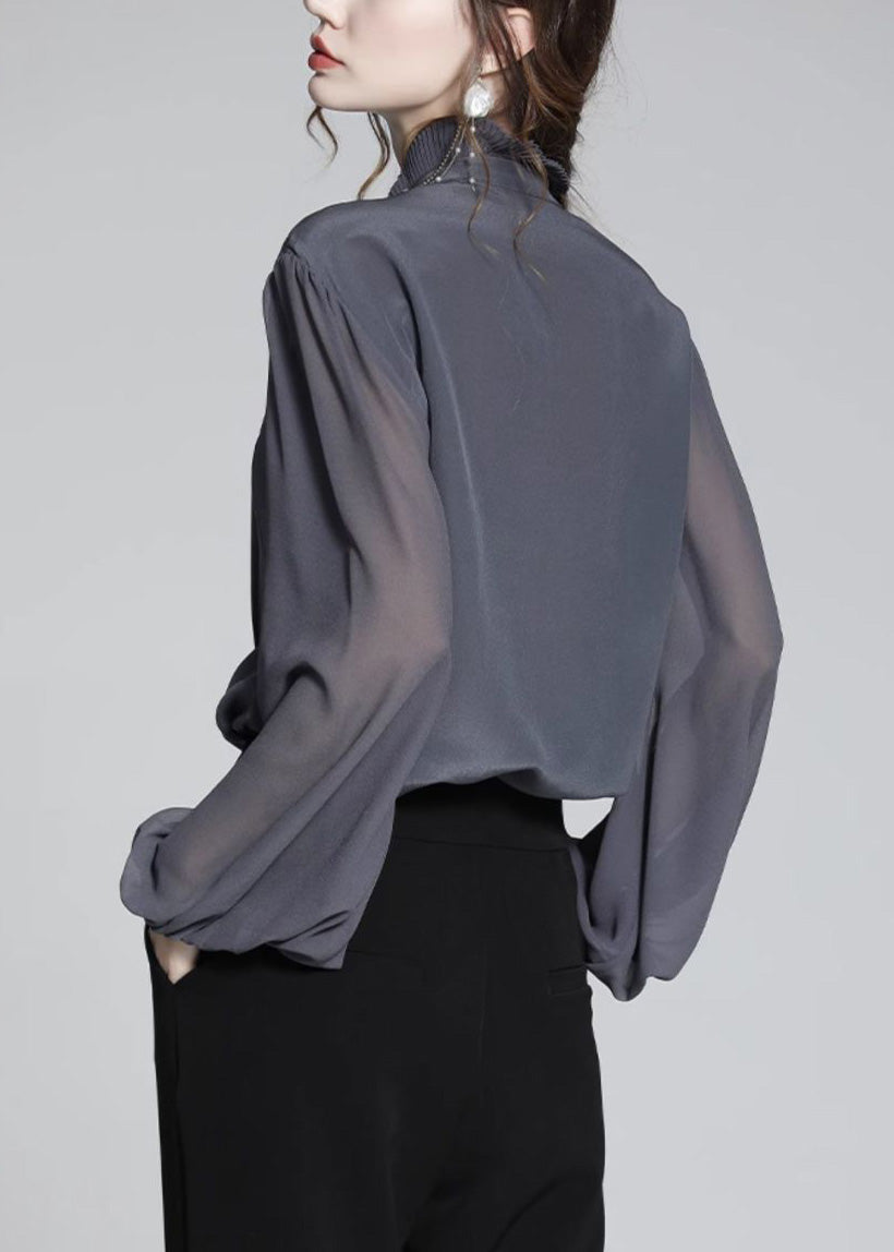 Grey Blue Ruffled Patchwork Chiffon Shirts Spring