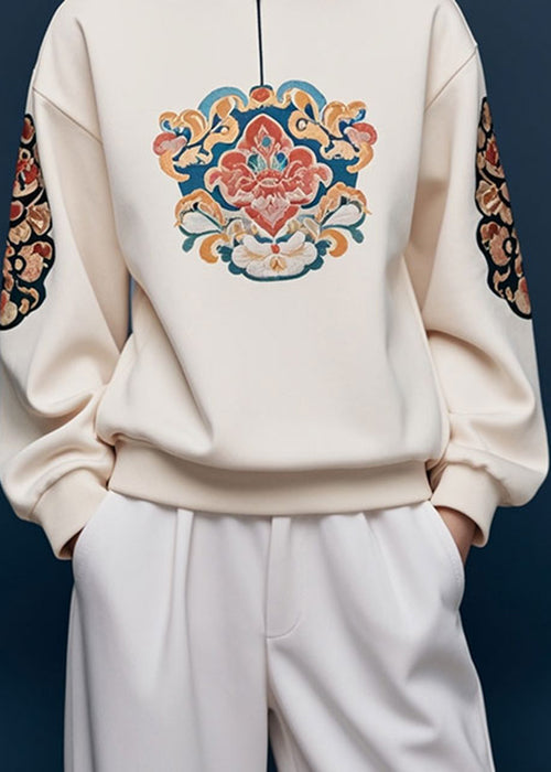 Apricot Stand Collar Print Cotton Pullover Sweatshirt Fall