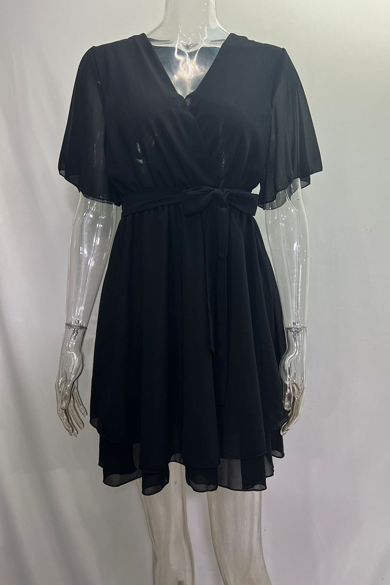 Color Lace Up Ruffle V Neck a Line Dresses(3 Colors)