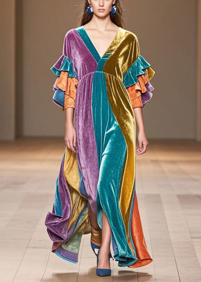 Multicolor V Neck Patchwork Silk Velvet Maxi Dress Butterfly Sleeve