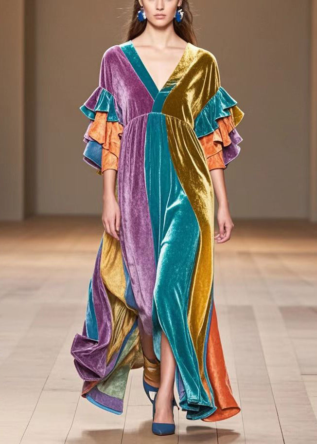 Multicolor V Neck Patchwork Silk Velvet Maxi Dress Butterfly Sleeve