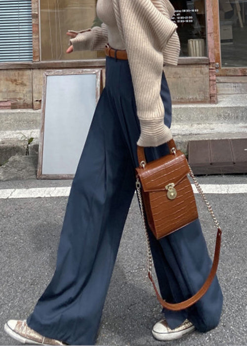 Navy Wrinkled Spandex Wide Leg Pants High Waist