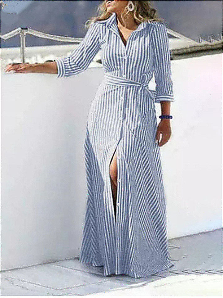 Polo Collar Literary Temperament Cotton and Linen Striped Seven Sleeve Cardigan Dress
