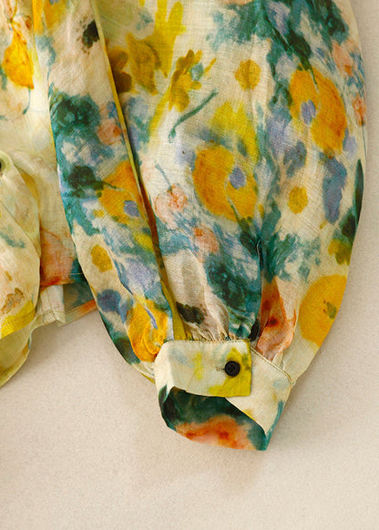 Yellow Button Print Linen Shirt Lantern Sleeve