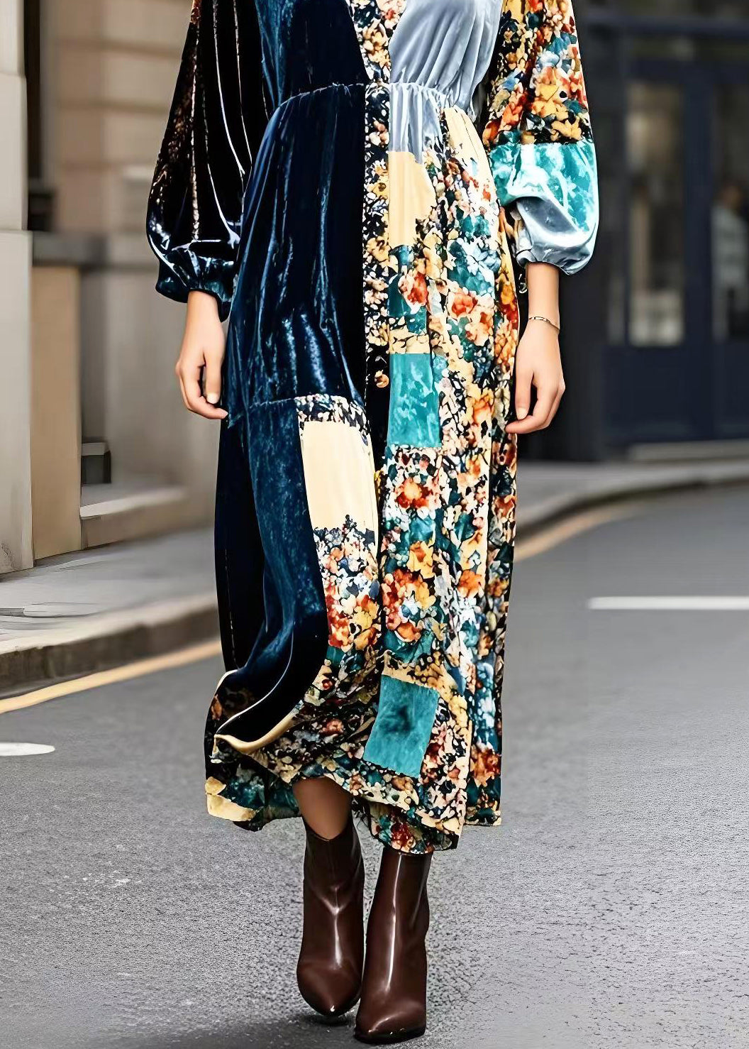 Peacock Blue V Neck Patchwork Print Silk Velvet Ankle Dress Fall