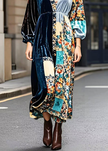 Peacock Blue V Neck Patchwork Print Silk Velvet Ankle Dress Fall