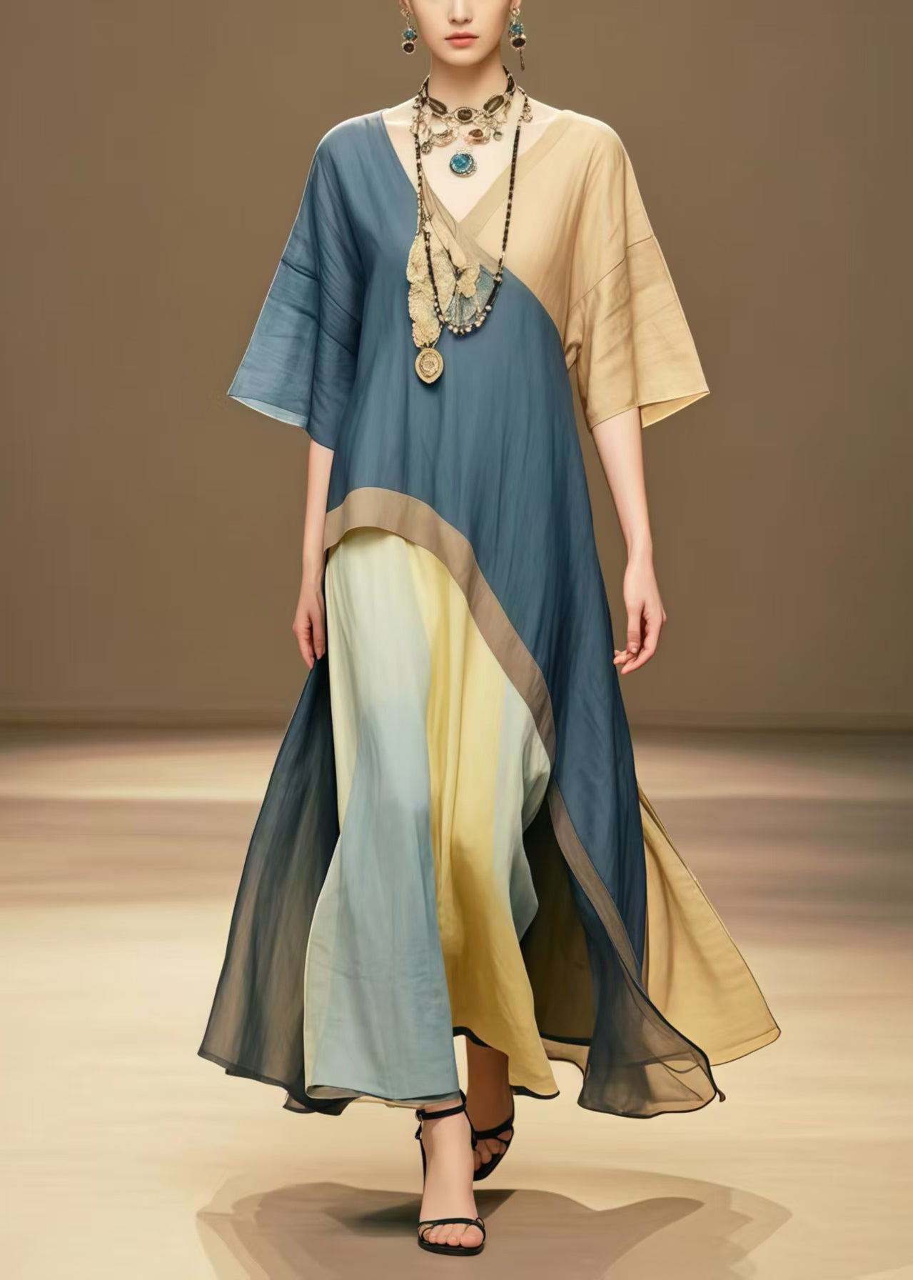 Navy Patchwork Cotton Long Dresses Asymmetrical Design Summer