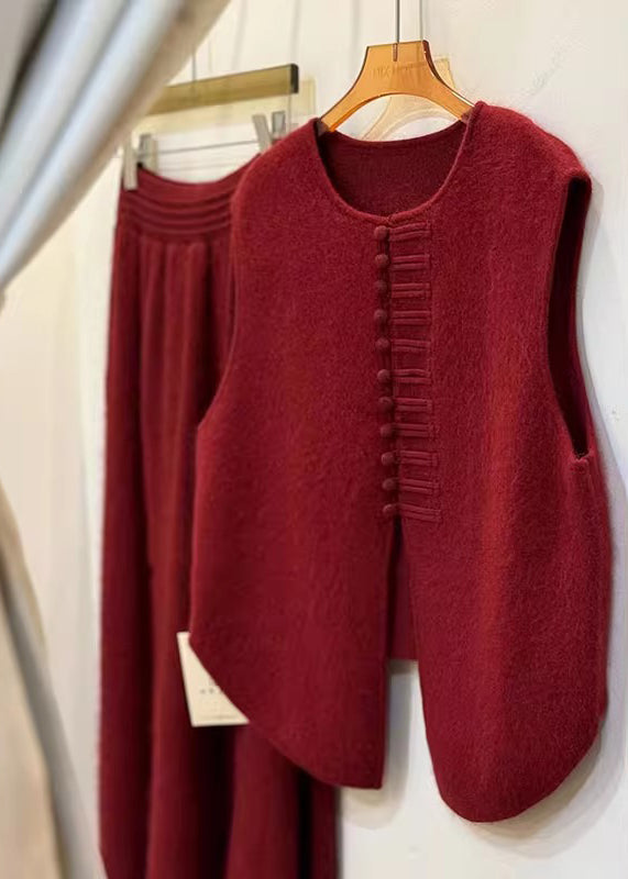 Red Chinese Button Side Open Knit Vests Winter