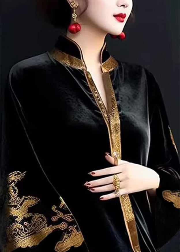 Black V Neck Print Patchwork Silk Velour Long Dresses Fall