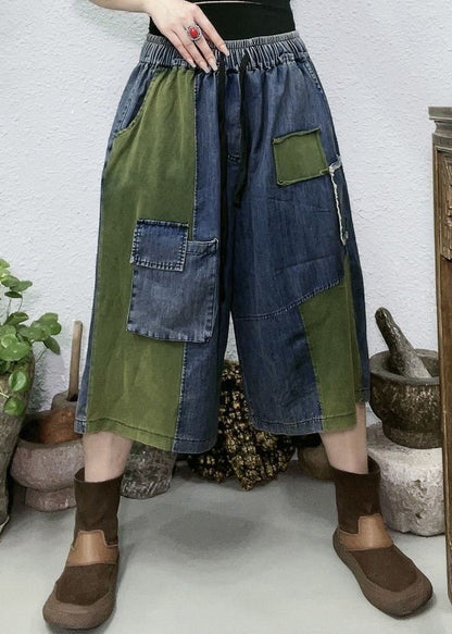 Red Pockets Patchwork Denim Wide Leg Pants Summer