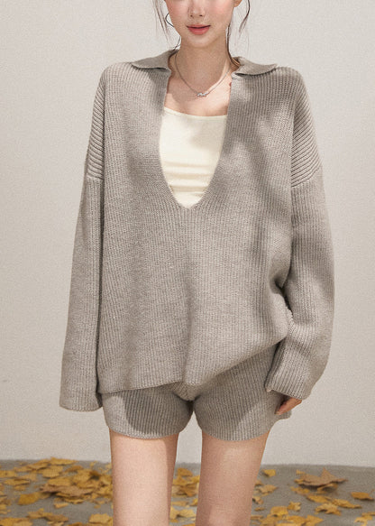 Light Grey Knit Cozy Two Pieces Set Deep-v Neck Fall