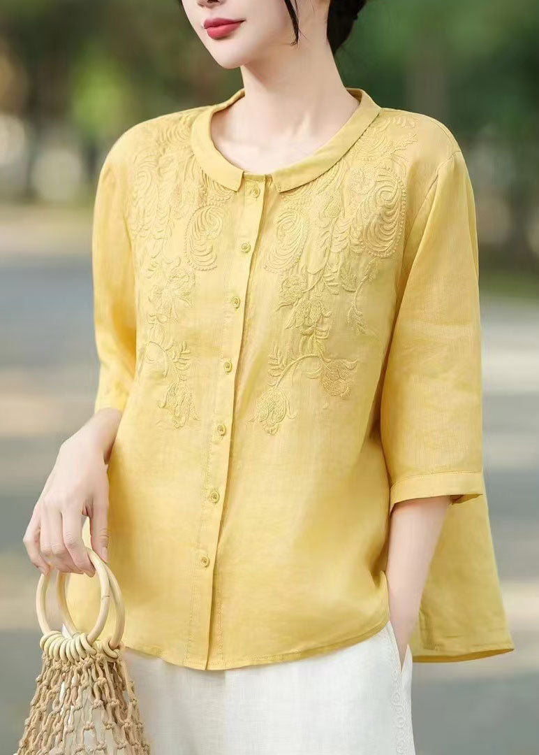 Yellow Peter Pan Collar Embroidered Linen Shirt Tops Half Sleeve
