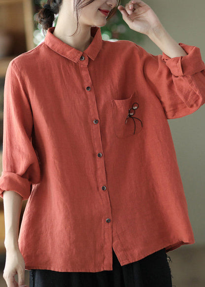 Red Peter Pan Collar Embroidered Button Linen Shirt Long Sleeve