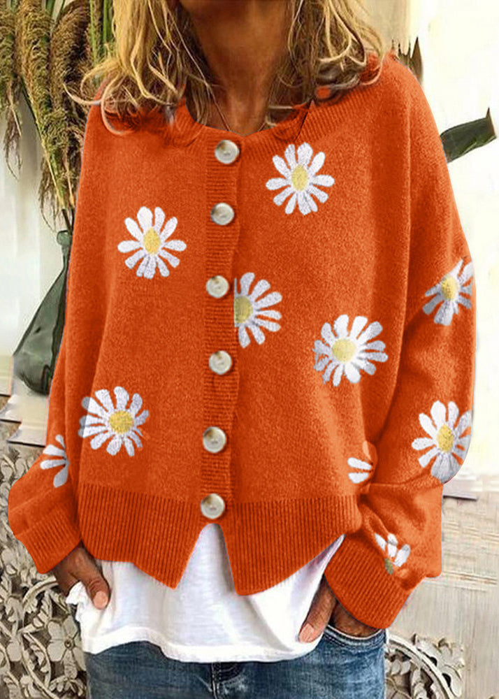 Orange Embroidered Button Knit Cardigan Fall
