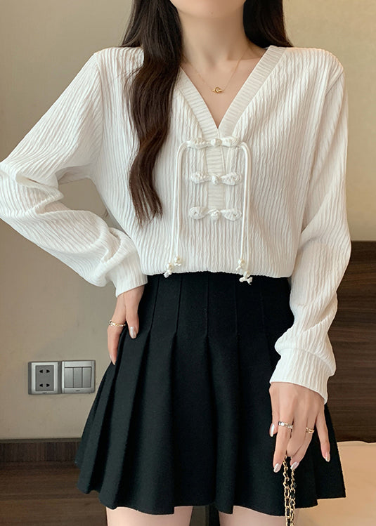 White V Neck Patchwork Cotton Shirt Top Fall