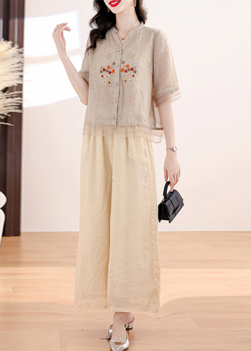 Summer New Linen Embroidered Top and Pants Two Piece Set