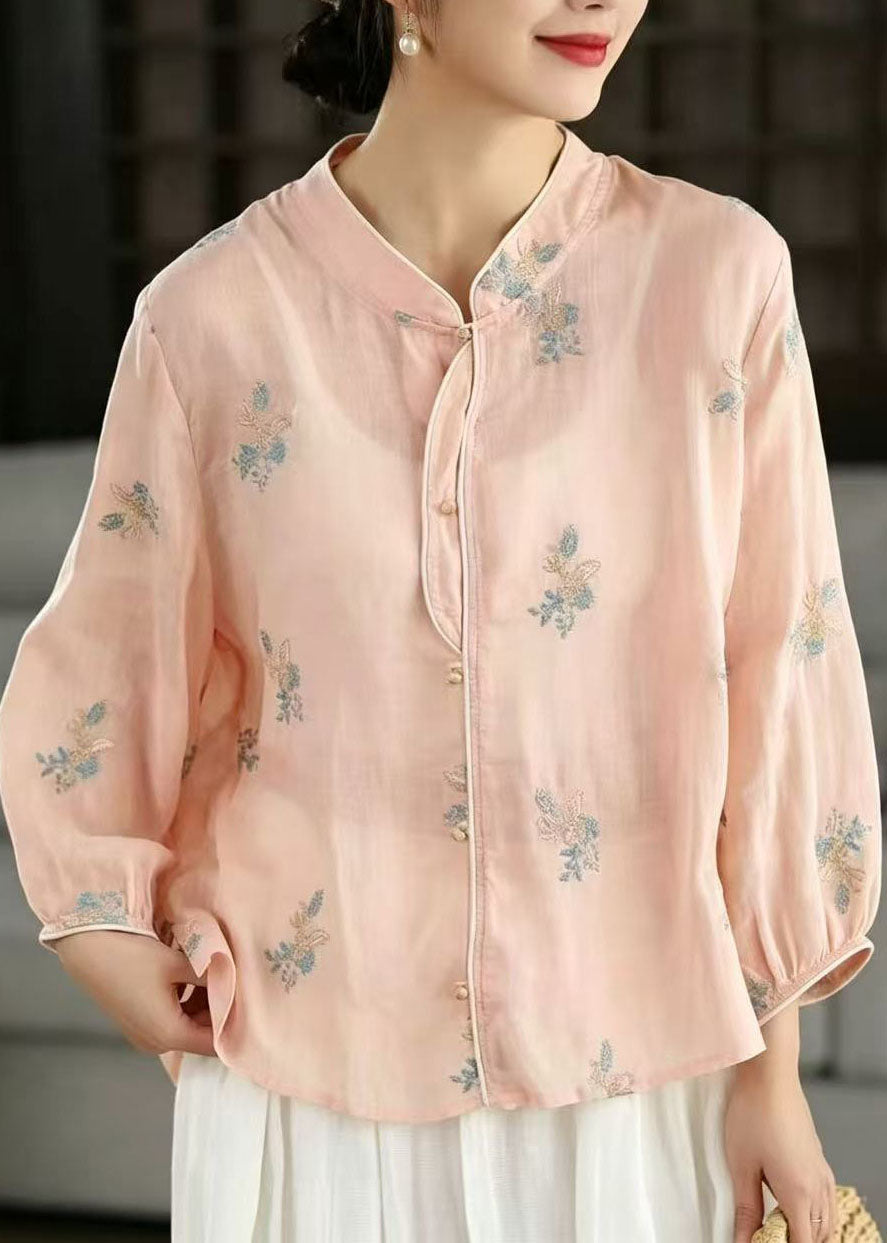Pink Embroidered Oversized Linen Shirt Spring