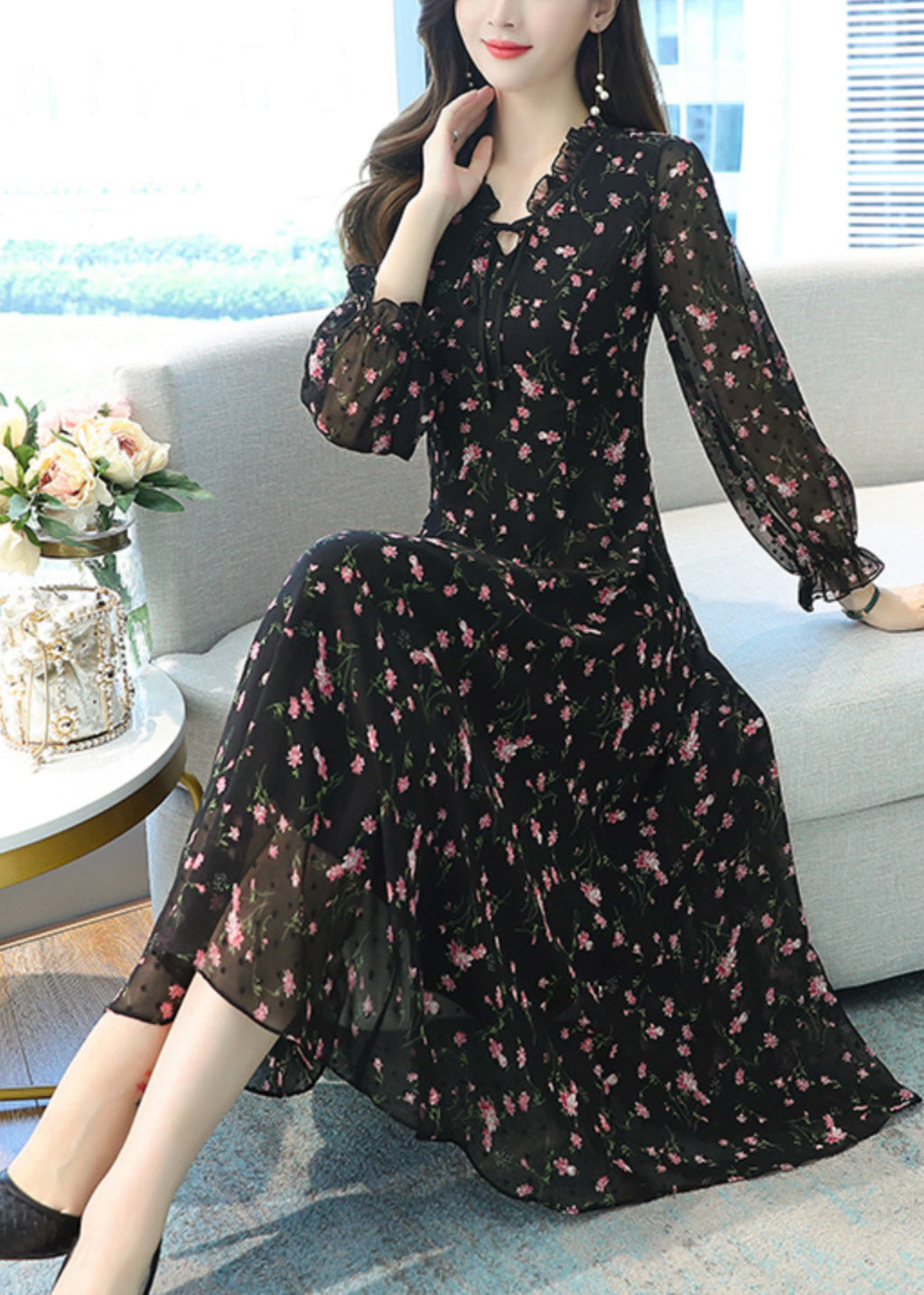 Black Ruffled Print Chiffon Long Dress Spring