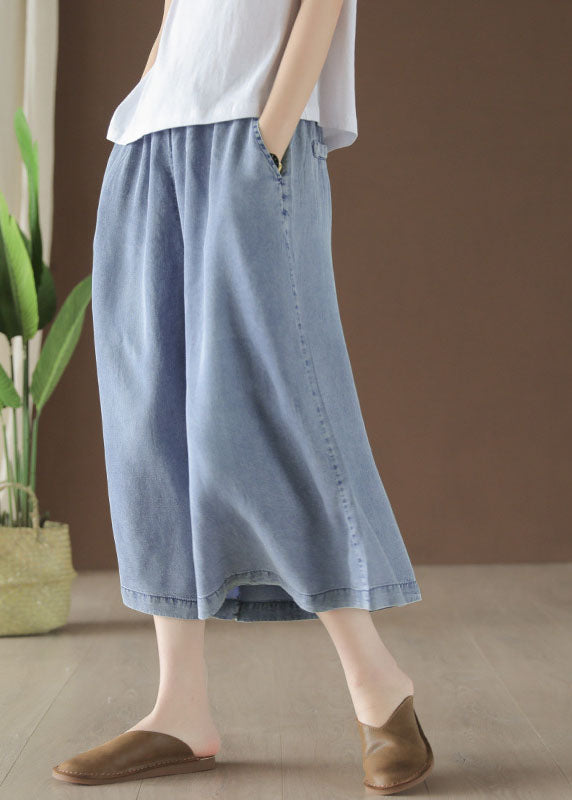 Light Blue High Waist Draping Cotton Denim Wide Leg Pants Summer