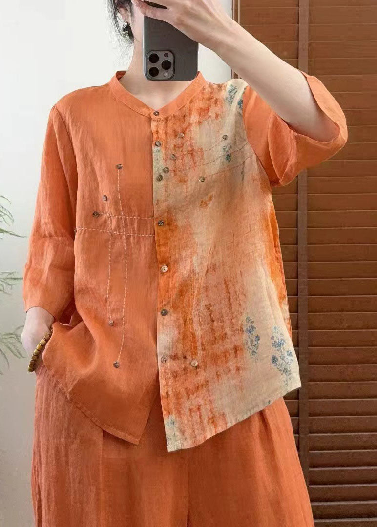 Red Stand Collar Tie Dye Patchwork Linen Shirt Bracelet Sleeve