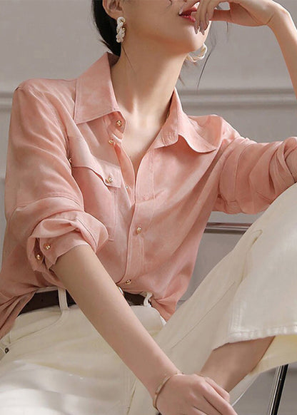 Pink Peter Pan Collar Button Chiffon Blouse Top Spring