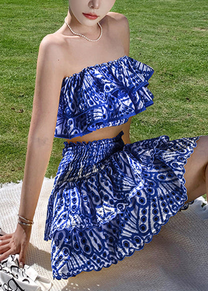 New Blue Hollow Out Tops and Skirts Cotton Two Piece Set Short Sleeve