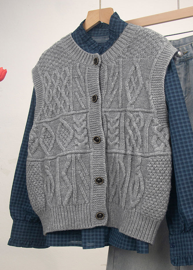 Grey O Neck Button Knit Vest Tops Sleeveless