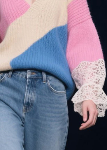 Diy Rose Asymmetrical Patchwork Lace Knit Tops Winter