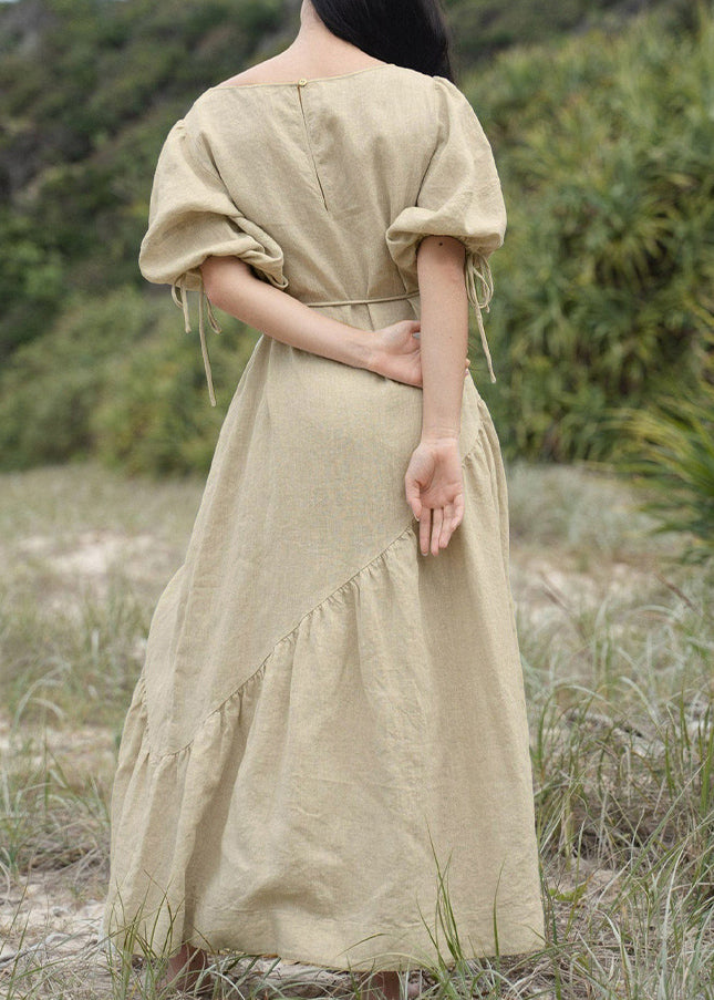 French Pink Lace Up Linen Dresses Lantern Sleeve