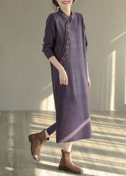 Purple Stand Collar Embroidered Knit Sweater Dress Winter
