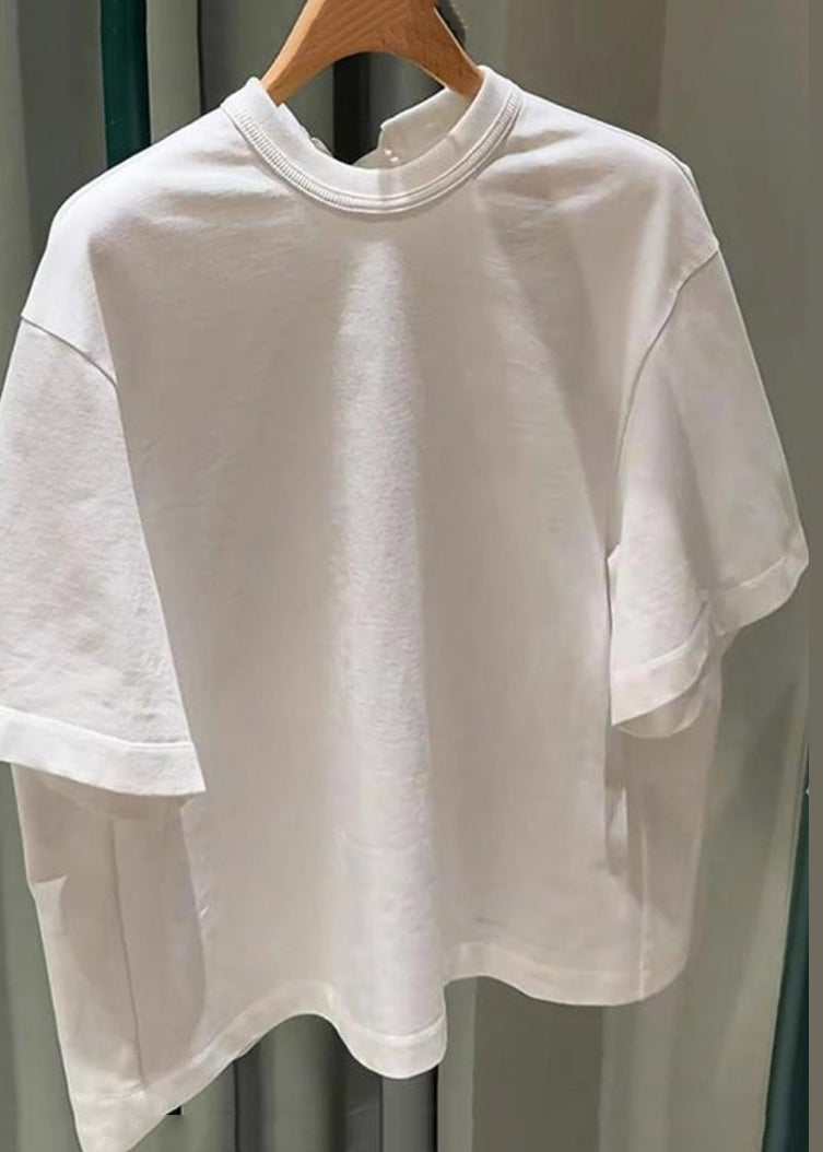 Simple White Lace Up Cotton T Shirts Summer