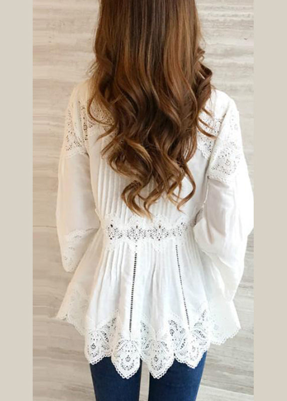 White V-neck Ruffles Hollow Out Shirts Spring