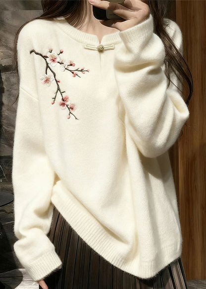 White Button Plum Blossom Knit Sweater Tops Winter