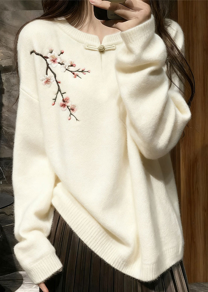 White Button Plum Blossom Knit Sweater Tops Winter