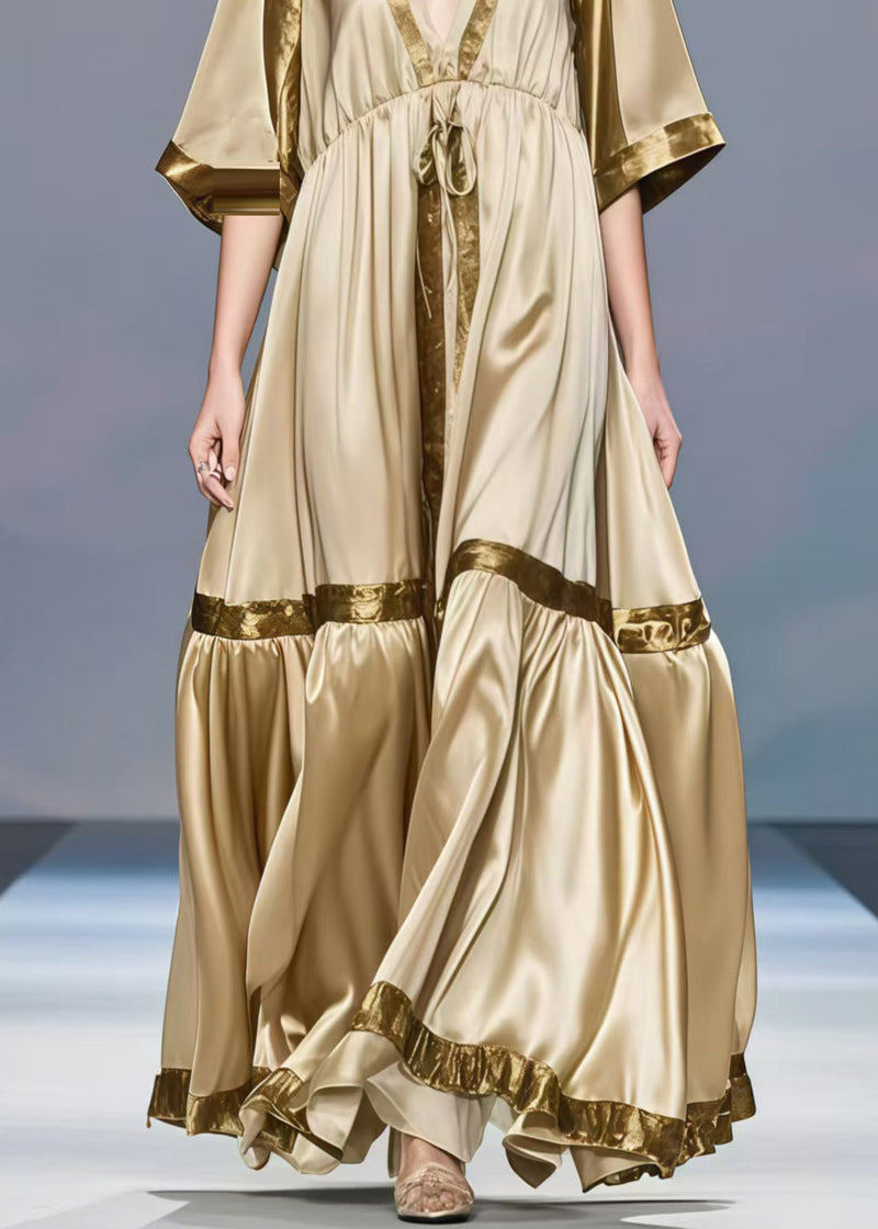 Khaki V Neck Patchwork Exra Large Hem Silk Long Dress Half Sleeve