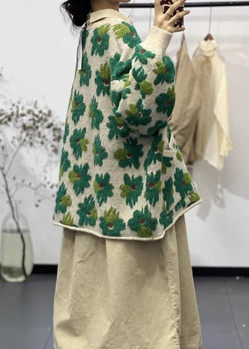 Green Button Pockets Cotton Knit Coats Long Sleeve