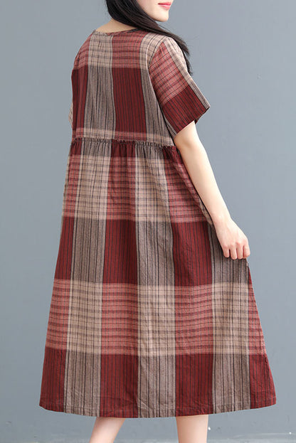 Summer Striped Plaid Dress Cotton Linen Dress