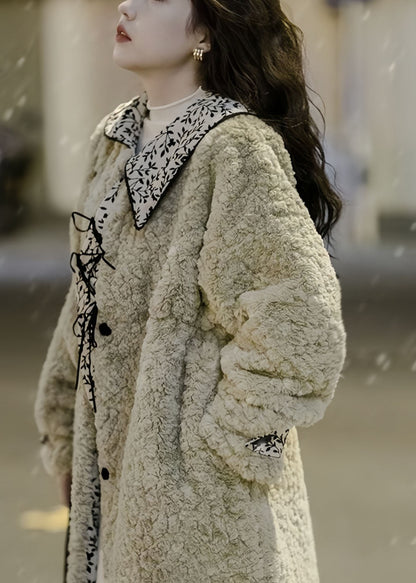 Moss Green Peter Pan Collar Pockets Patchwork Faux Fur Long Coats Winter