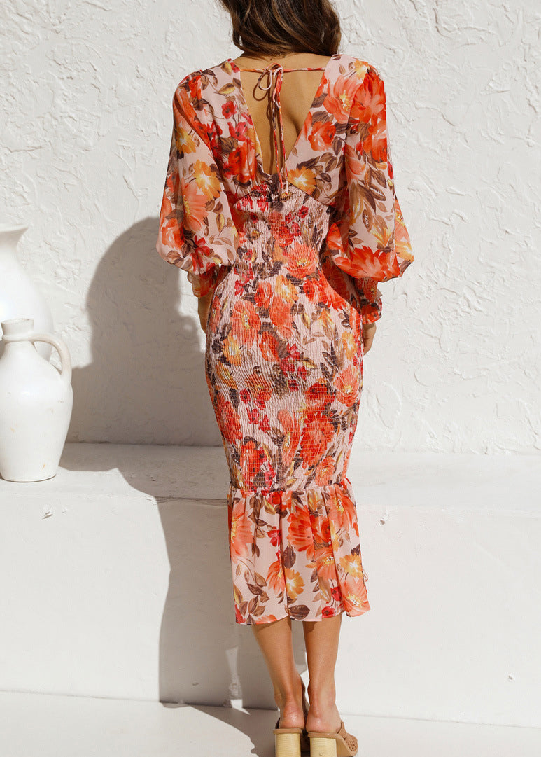Boutique Red V Neck Ruffled Print Cotton Dress Lantern Sleeve