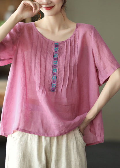 Rose Linen Tank Tops O-neck Wrinkled Short Sleeve