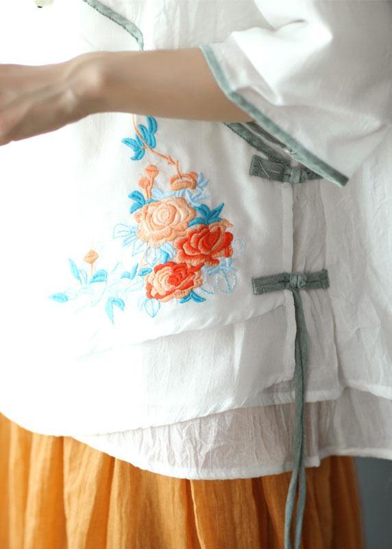 Pink V Neck Embroidered Summer Ramie Half Sleeve Tops